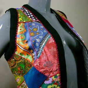 Vintage Unique Patchwork Vest "An Original by Vi Sonoma CA" - Black Trim, Size S